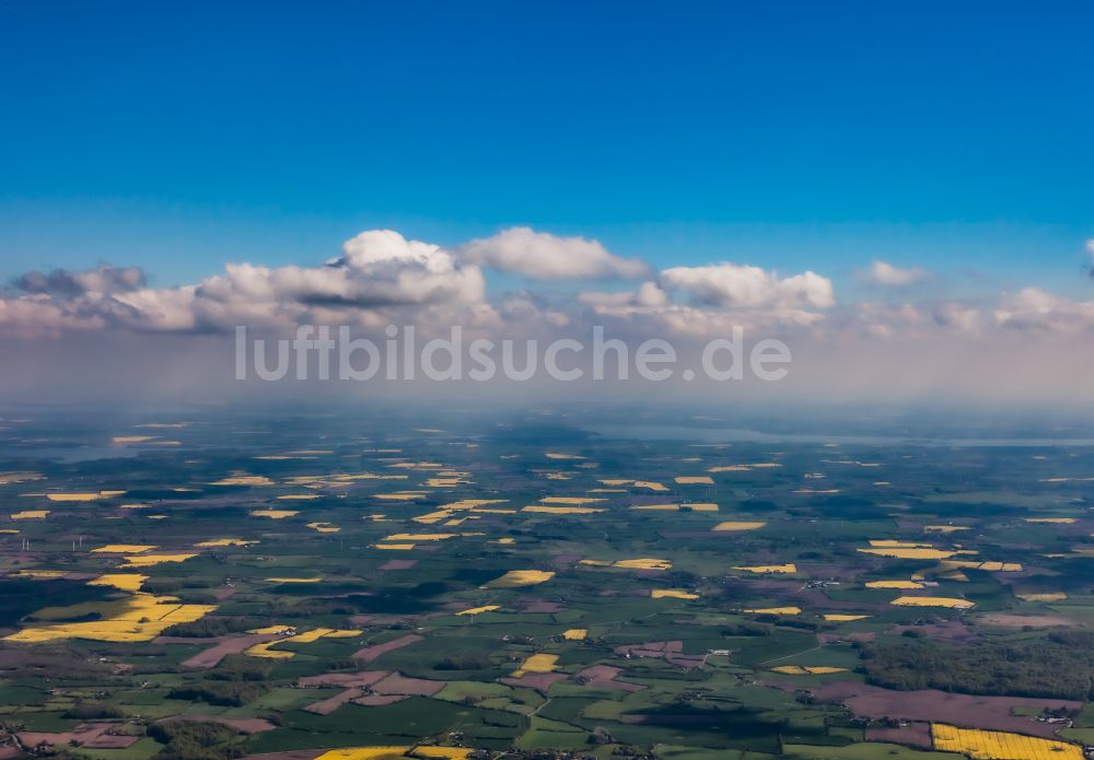 Mittelangeln von oben - Feld- Landschaft gelb blühender Raps- Blüten in Mittelangeln im Bundesland Schleswig-Holstein, Deutschland