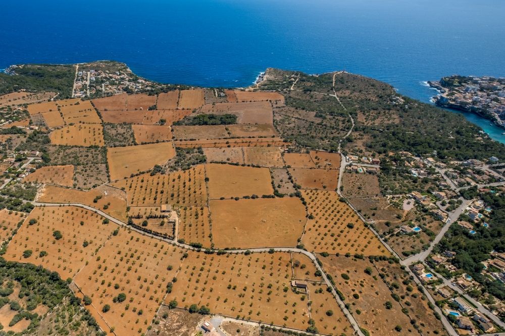 Santanyi von oben - Felder und angrenzende Waldgebiete in Santanyi in Balearische Insel Mallorca, Spanien