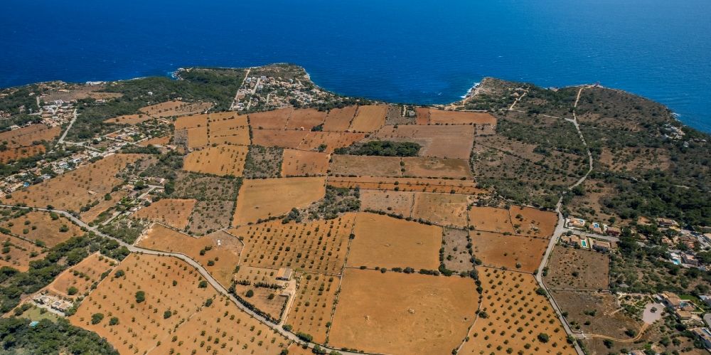 Santanyi aus der Vogelperspektive: Felder und angrenzende Waldgebiete in Santanyi in Balearische Insel Mallorca, Spanien