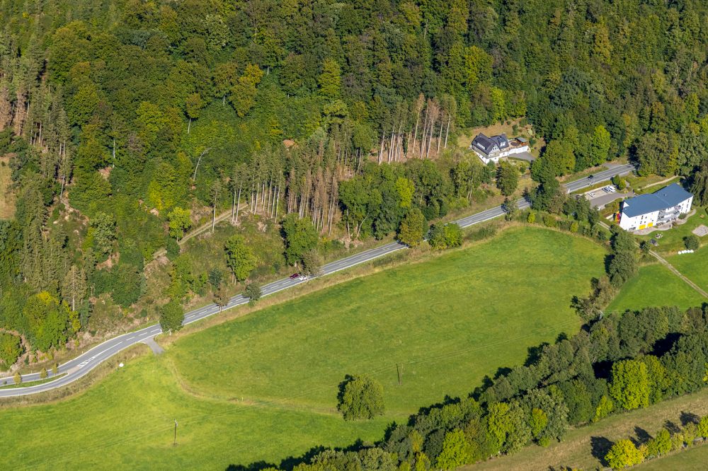 Luftbild Schmallenberg - Fernstraßenverlauf der Bundesstraße B236 an einer Wiese am Flussverlauf der Lenne in Schmallenberg im Bundesland Nordrhein-Westfalen, Deutschland