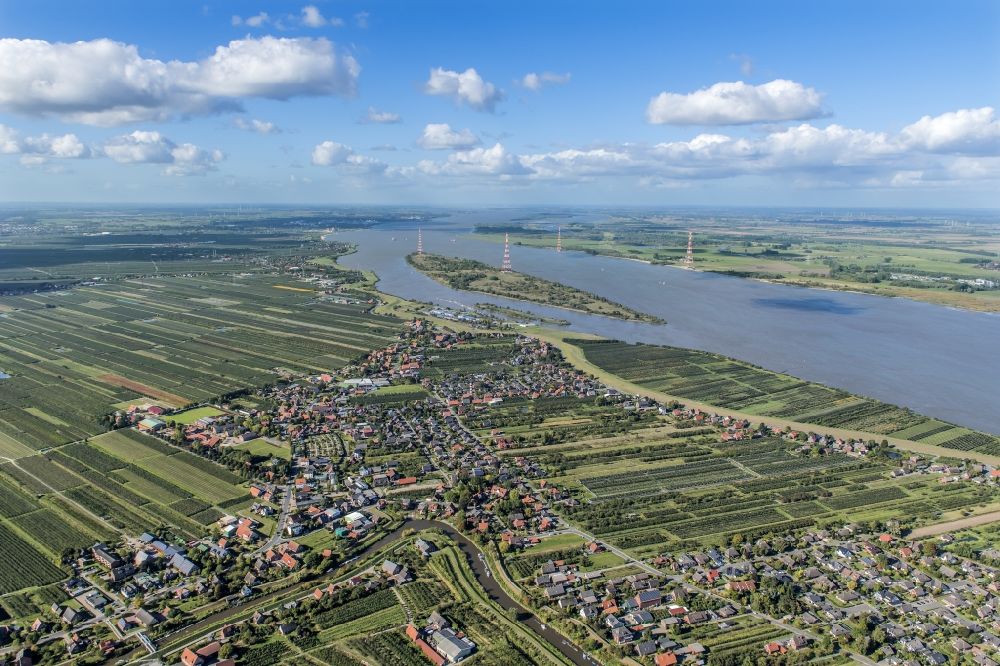 Luftbild Lühesand - Festland und Insel des Flußverlaufes Elbe Grünendeich und Lühesand im Bundesland Niedersachsen, Deutschland