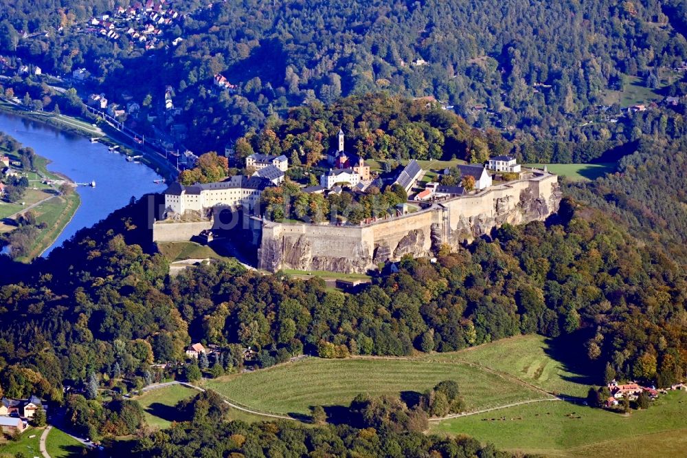 Königstein von oben - Festung Königstein an der Elbe im Landkreis Sächsische Schweiz-Osterzgebirge im Bundesland Sachsen
