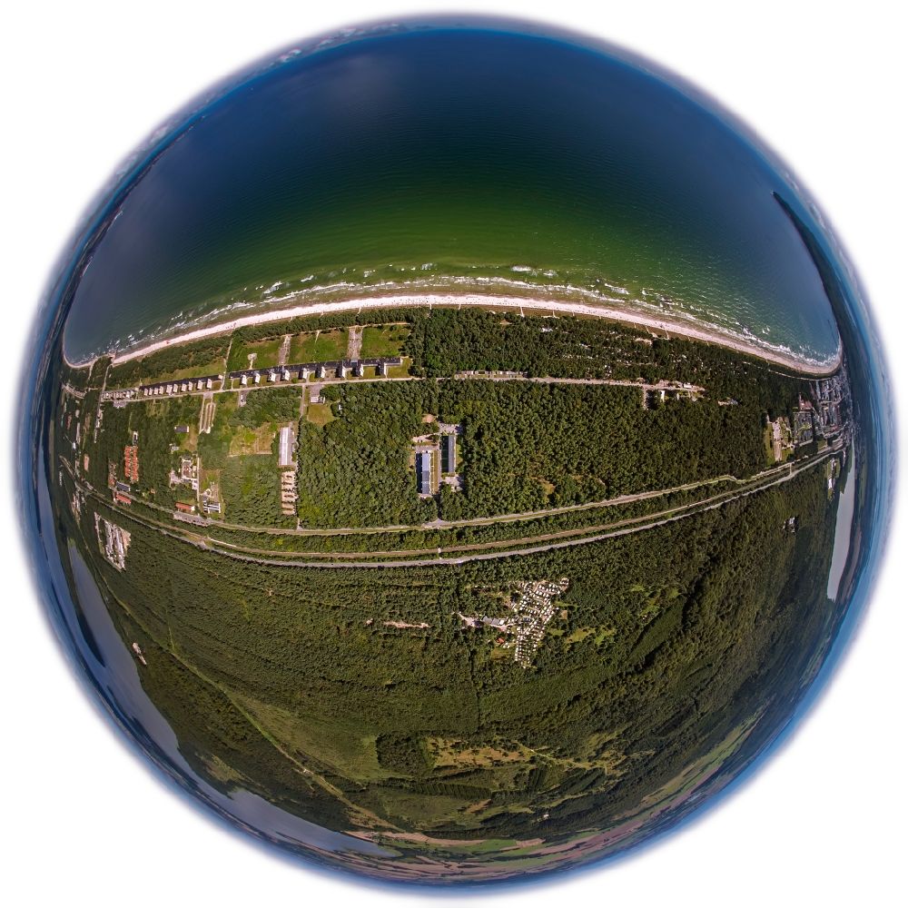 Luftaufnahme Prora - Fischaugenlinsenaufnahme des Ufers der Ostsee in Prora auf der Insel Rügen in Mecklenburg-Vorpommern