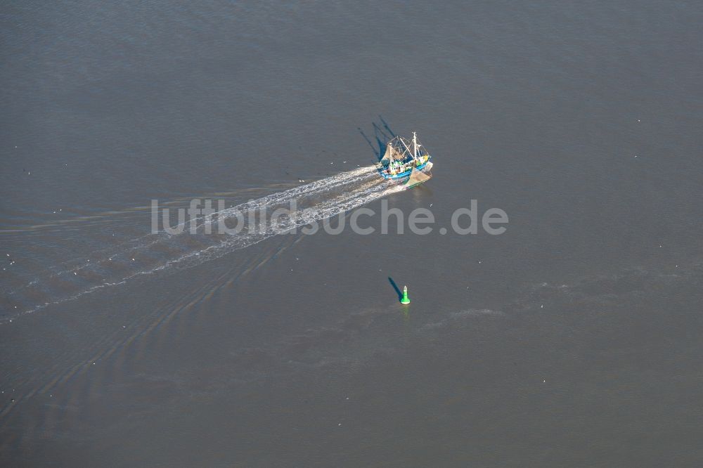 Luftbild Bremerhaven - Fischfang - Schiff in Fahrt auf der Wedermündung in Bremerhaven im Bundesland Bremen, Deutschland