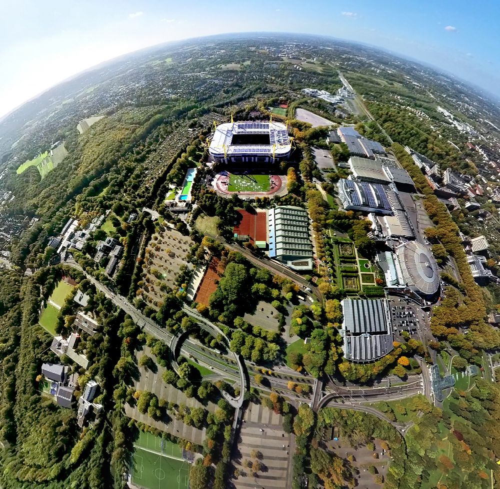 Dortmund von oben - Fish Eye- Perspektive Arena des BVB - Stadion Signal Iduna Park in Dortmund im Bundesland Nordrhein-Westfalen