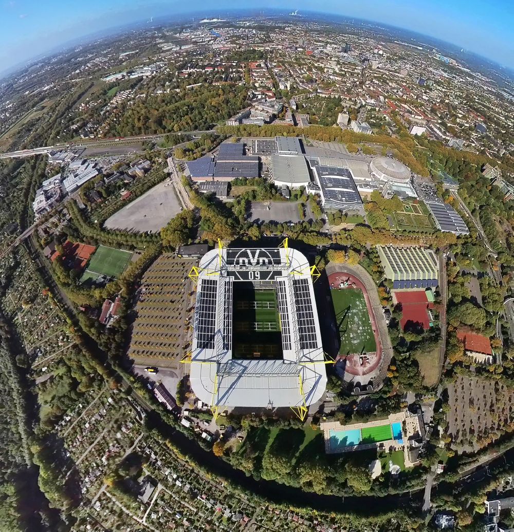 Dortmund aus der Vogelperspektive: Fish Eye- Perspektive Arena des BVB - Stadion Signal Iduna Park in Dortmund im Bundesland Nordrhein-Westfalen
