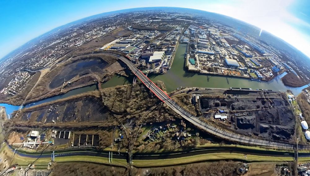 Bottrop von oben - Fish Eye- Perspektive Autobahn- Brückenbauwerk der BAB A42 über den Rhein-Herne Kanal in Bottrop im Bundesland Nordrhein-Westfalen