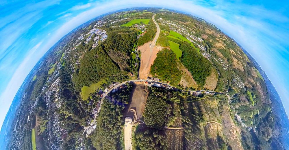 Luftaufnahme Oberrahmede - Fish Eye- Perspektive Autobahn- Streckenverlauf der BAB A45 an der gesprengten Talbrücke Rahmede in Oberrahmede im Bundesland Nordrhein-Westfalen, Deutschland