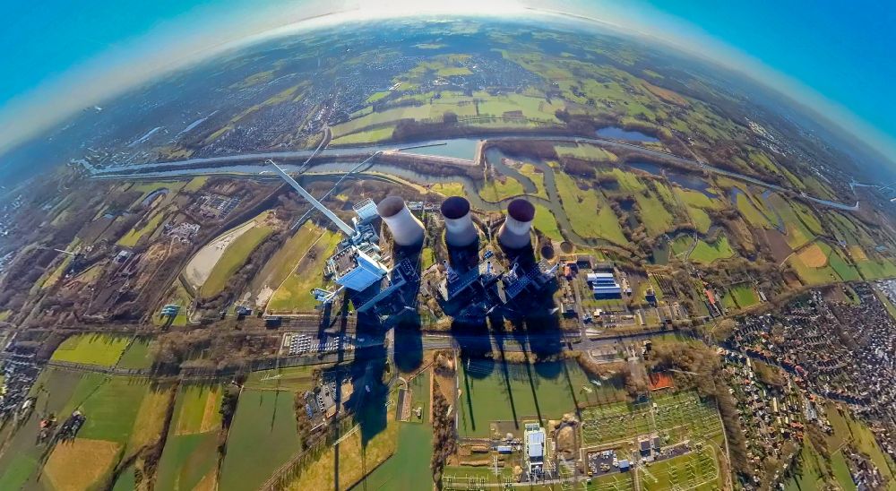 Luftaufnahme Werne - Fish Eye- Perspektive GuD Kraftwerk mit Gas- und Dampfturbinenanlagen Gersteinwerk der RWE AG in Werne im Bundesland Nordrhein-Westfalen, Deutschland