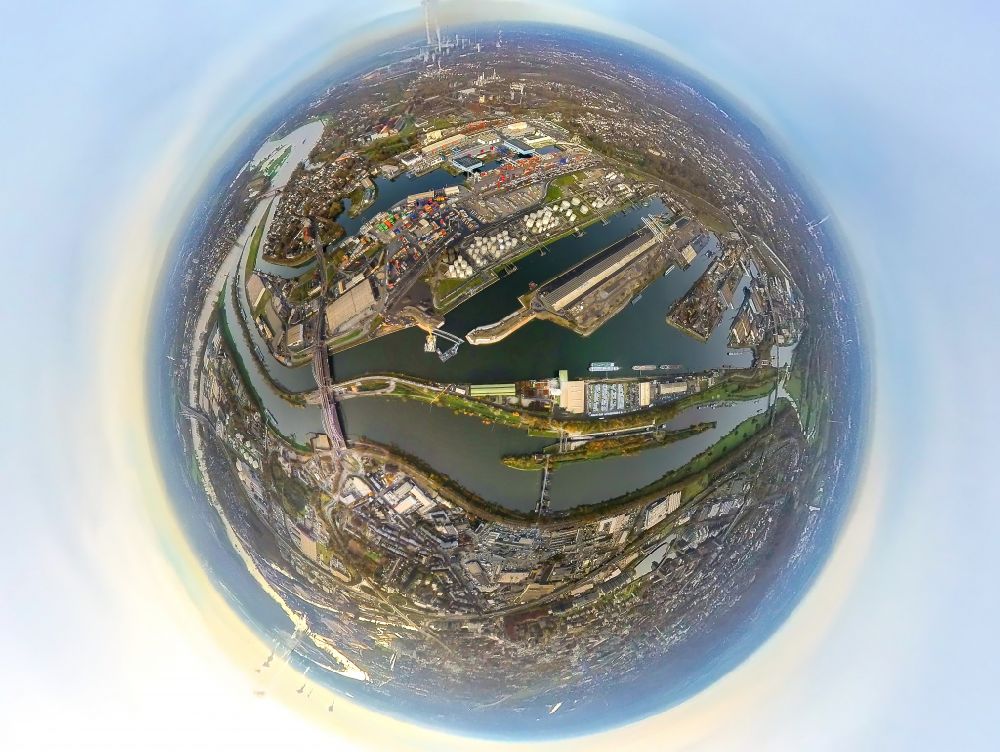 Luftbild Duisburg - Fish Eye- Perspektive Hafenanlagen am Fluss Ruhr im Ortsteil Ruhrort in Duisburg im Bundesland Nordrhein-Westfalen, Deutschland