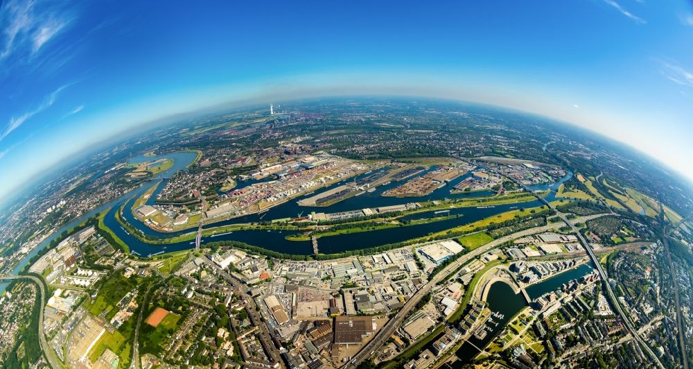 Luftbild Duisburg - Fish Eye- Perspektive Hafenanlagen am Ufer des Flußverlaufes der Ruhr im Ortsteil Ruhrort in Duisburg im Bundesland Nordrhein-Westfalen, Deutschland