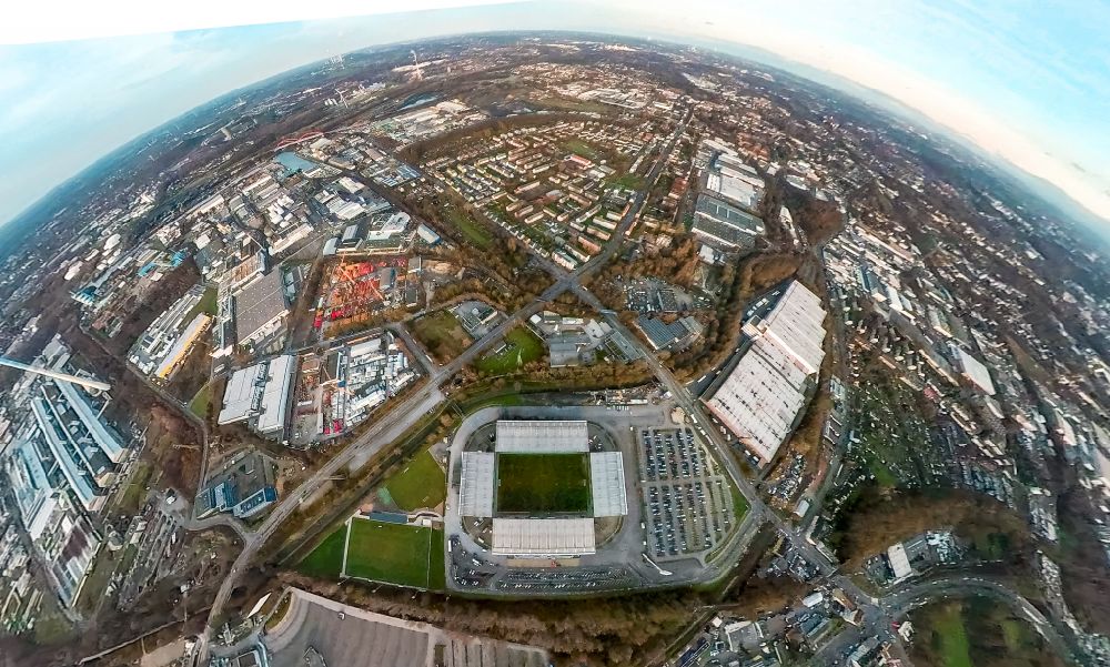 Luftaufnahme Essen - Fish Eye- Perspektive RWE - Rot-Weiß Stadion in Essen im Bundesland Nordrhein-Westfalen