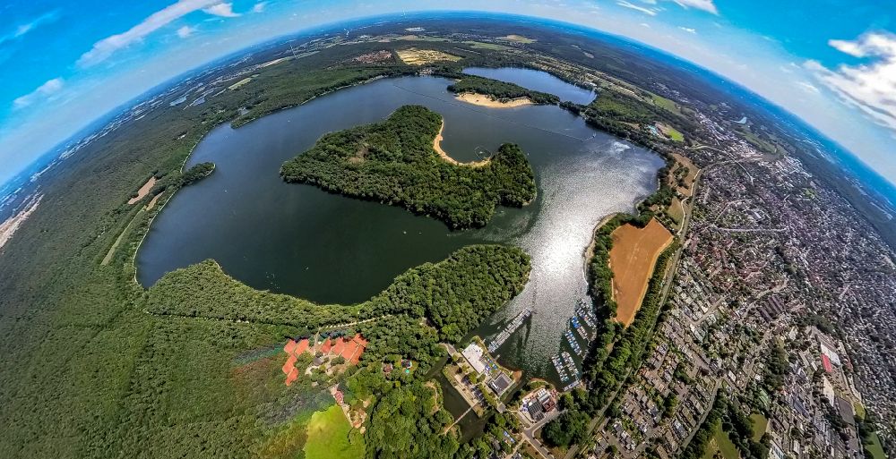 Luftbild Haltern am See - Fish Eye- Perspektive See- Insel auf dem Halterner Stausee in Haltern am See im Bundesland Nordrhein-Westfalen, Deutschland