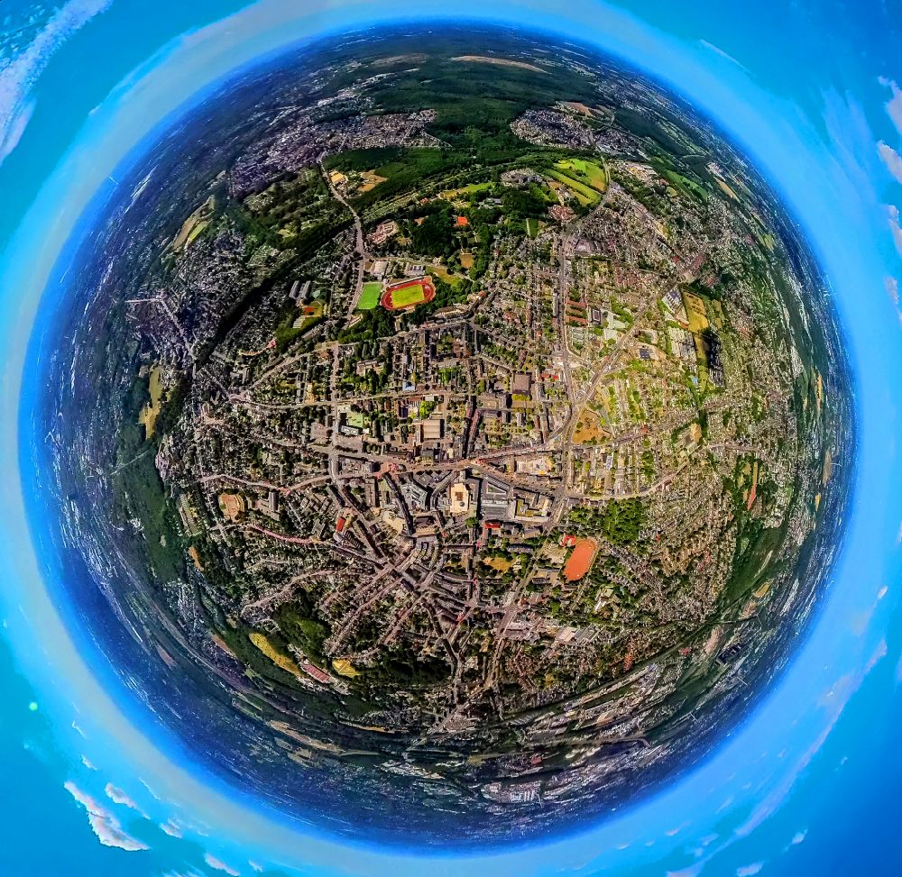 Luftbild Bottrop - Fish Eye- Perspektive Stadtansicht vom Innenstadtbereich in Bottrop im Bundesland Nordrhein-Westfalen, Deutschland