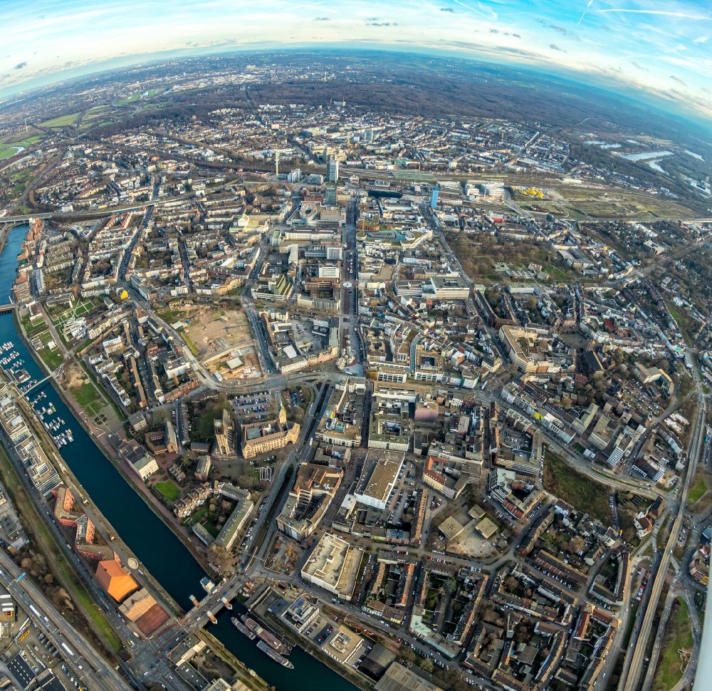 Luftbild Duisburg - Fish Eye- Perspektive Stadtansicht vom Innenstadtbereich in Duisburg im Bundesland Nordrhein-Westfalen, Deutschland