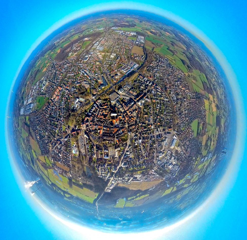 Werne von oben - Fish Eye- Perspektive Stadtansicht vom Innenstadtbereich in Werne im Bundesland Nordrhein-Westfalen, Deutschland