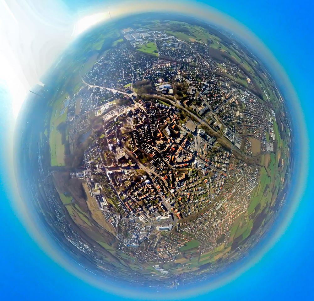 Werne aus der Vogelperspektive: Fish Eye- Perspektive Stadtansicht vom Innenstadtbereich in Werne im Bundesland Nordrhein-Westfalen, Deutschland