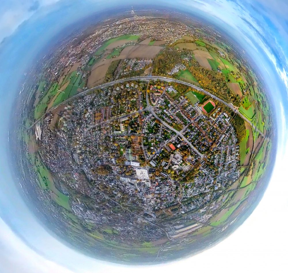 Luftbild Kamen - Fish Eye- Perspektive Stadtzentrum im Innenstadtbereich in Kamen im Bundesland Nordrhein-Westfalen, Deutschland