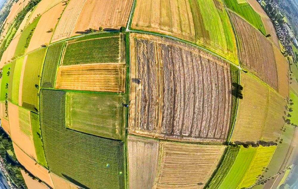 Sönnern aus der Vogelperspektive: Fish Eye- Perspektive Strukturen auf Feldern in Sönnern im Bundesland Nordrhein-Westfalen, Deutschland