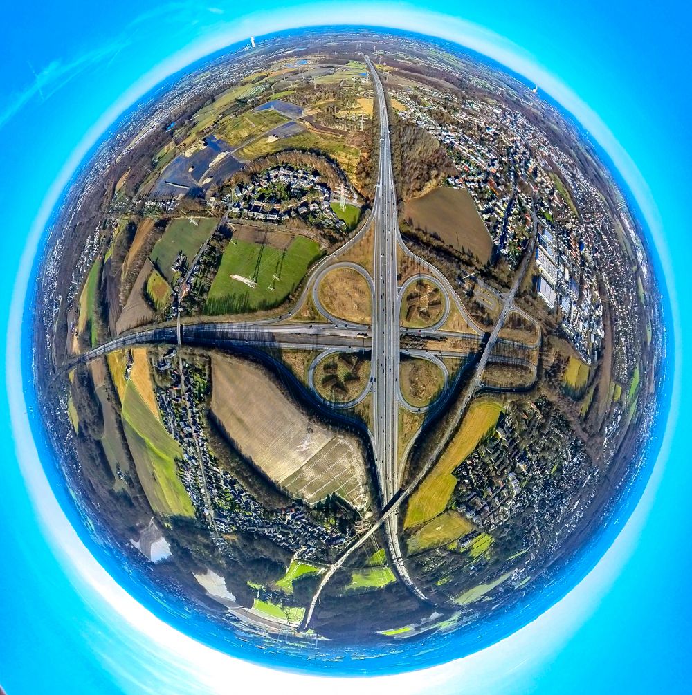 Luftbild Dortmund - Fish Eye- Perspektive Verkehrsführung am Autobahnkreuz der BAB A42 - 45 im Ortsteil Bodelschwingh in Dortmund im Bundesland Nordrhein-Westfalen, Deutschland