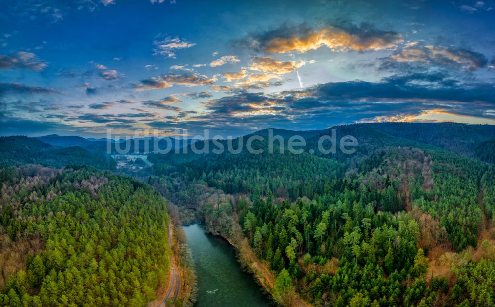 Luftbild Erlenbach bei Dahn - Fish Eye- Perspektive Waldgebiete am Ufer des See Seehof - Fischweiher - Portzbach in Erlenbach bei Dahn im Bundesland Rheinland-Pfalz, Deutschland