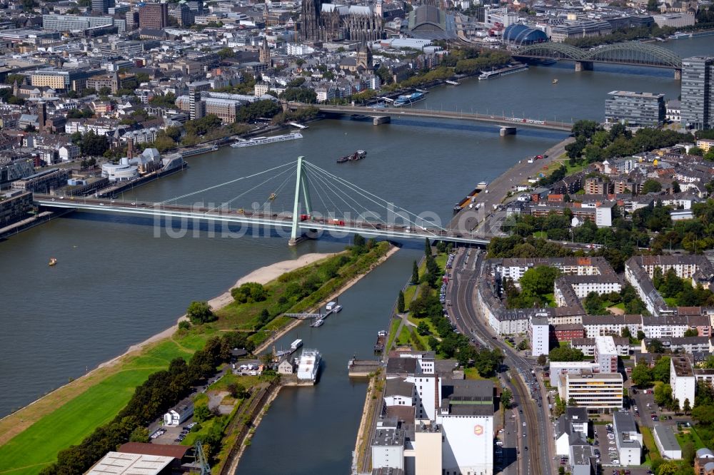 Köln von oben - Fluss - Brückenbauwerk Severinsbrücke über den Rhein in Köln im Bundesland Nordrhein-Westfalen, Deutschland