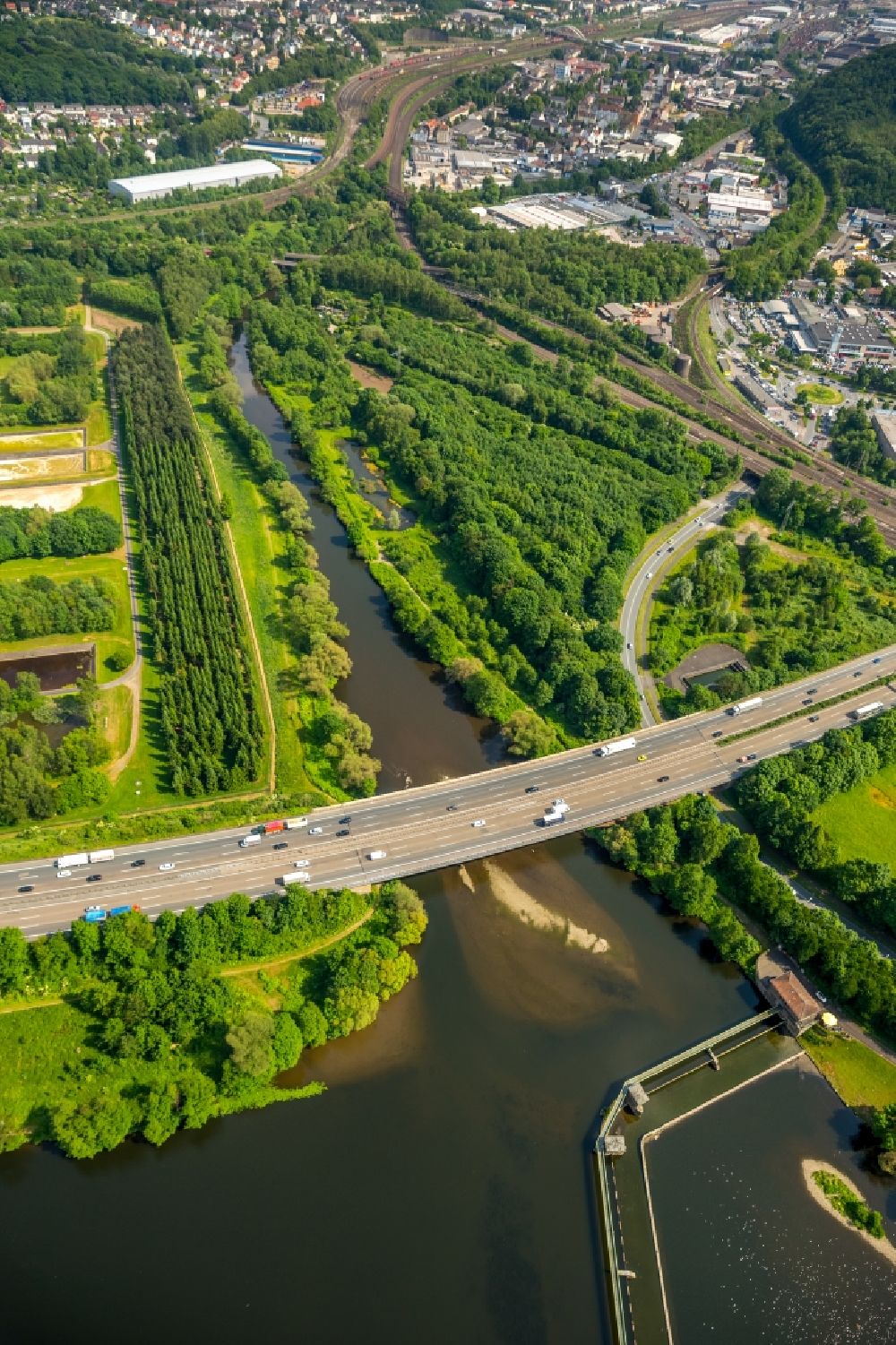 Herdecke aus der Vogelperspektive: Fluß- Delta und Strom- Mündung Ruhr zur Volme in Herdecke im Bundesland Nordrhein-Westfalen, Deutschland