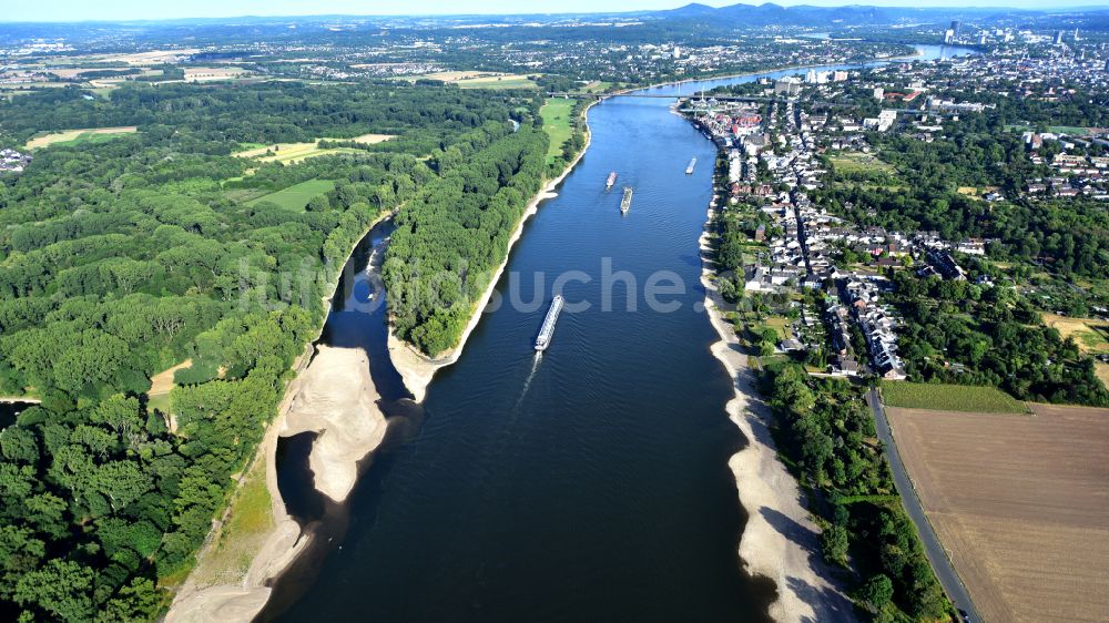 Luftaufnahme Bonn - Fluss verlauf des Rheins und Mündungsbereich der Sieg bei Niedrigwasser in Bonn im Bundesland Nordrhein-Westfalen, Deutschland