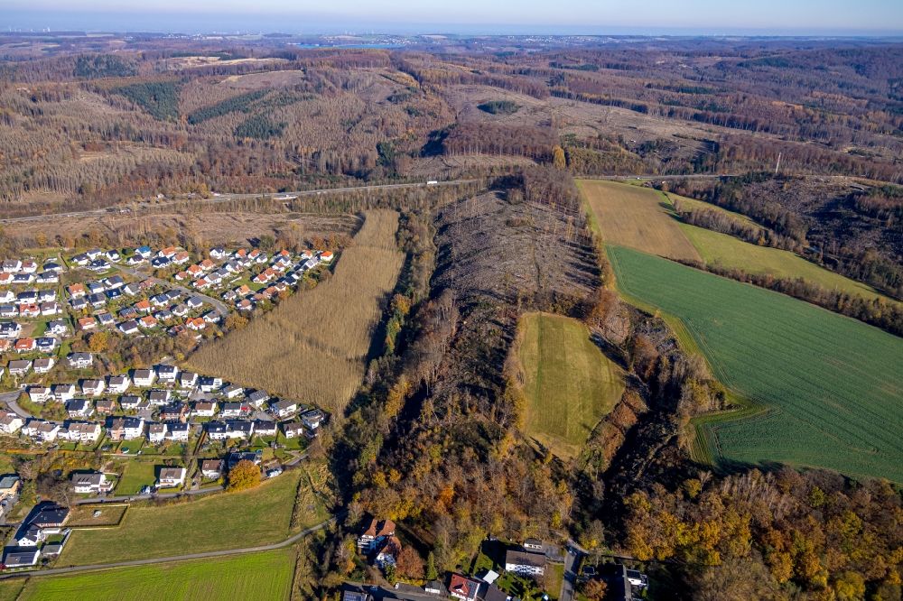 Luftaufnahme Arnsberg - Forstgebiete in einem Waldgebiet am Wohngebiet einer Einfamilienhaus- Siedlung entlang der Lindenstraße - Bruchhausener Hude in Arnsberg im Bundesland Nordrhein-Westfalen, Deutschland