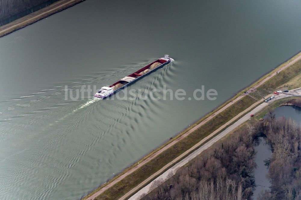 Daubensand aus der Vogelperspektive: Frachtschiff- und Schüttgutfrachter auf dem Flußverlauf des Rhein in Daubensand in Grand Est, Frankreich