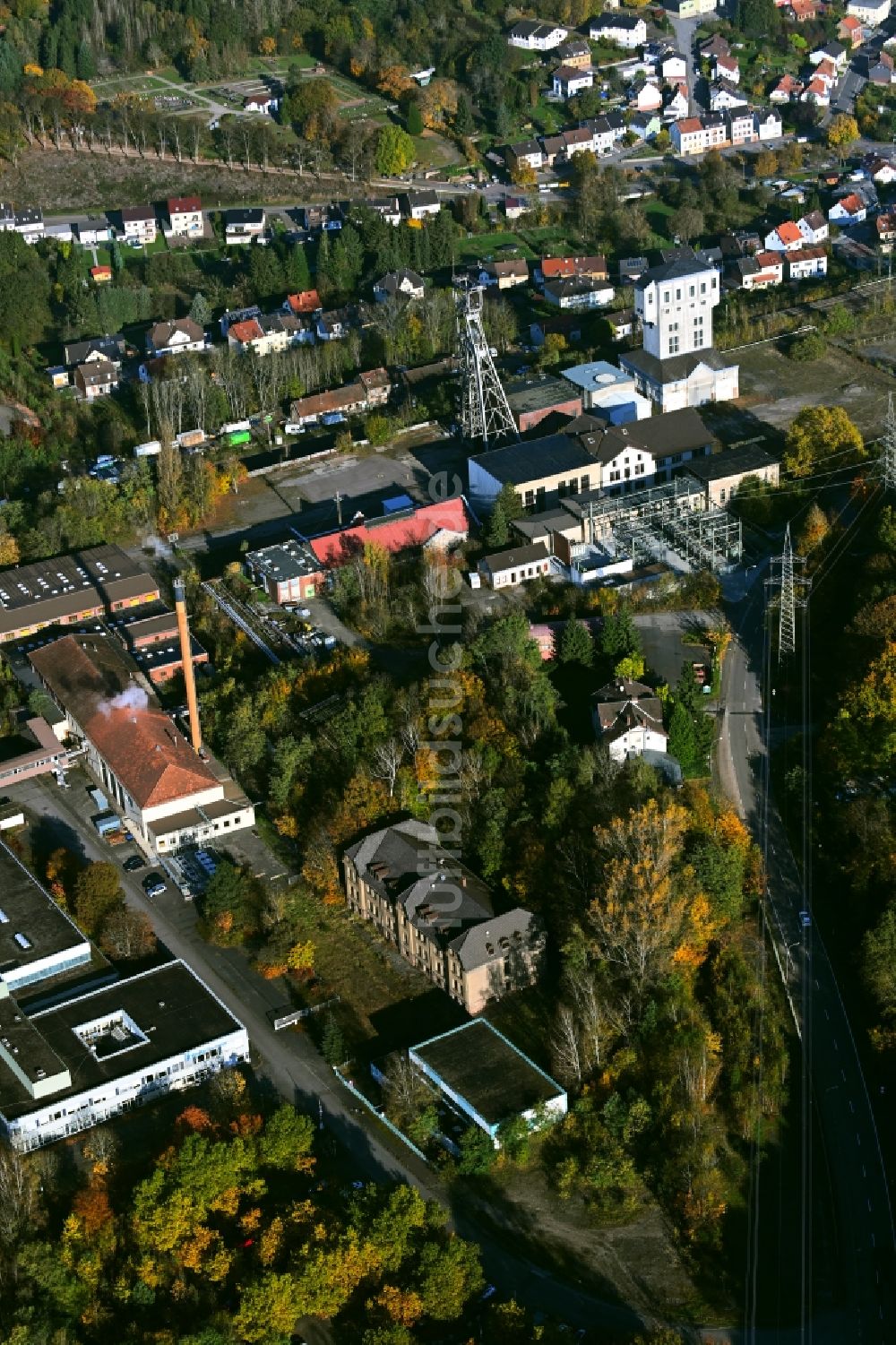 Luftbild Quierschied - Förderanlagen und Bergbau- Schacht mit Förderturm Grube Camphausen in Quierschied im Bundesland Saarland, Deutschland