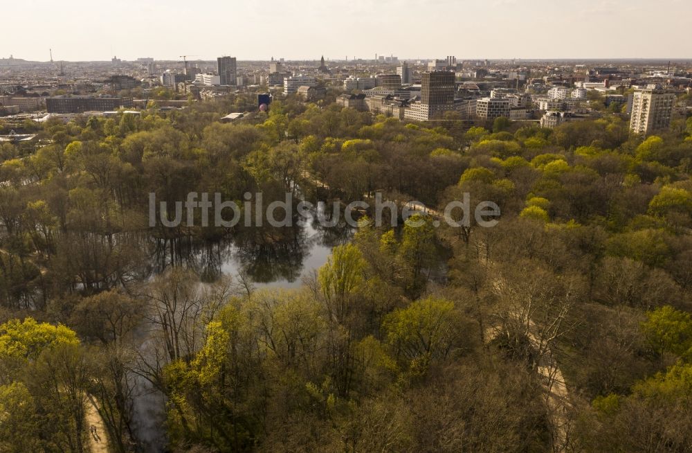 Berlin aus der Vogelperspektive: Frischer grüner Blattaustrieb in einem Waldgebiet der Parkanlage im Ortsteil Tiergarten in Berlin, Deutschland