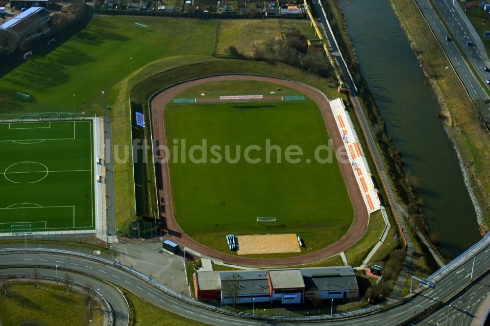 Luftaufnahme Gera - Fussballstadion Stadion am Steg in Gera im Bundesland Thüringen, Deutschland