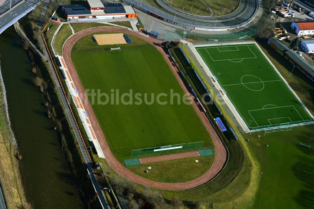 Gera aus der Vogelperspektive: Fussballstadion Stadion am Steg in Gera im Bundesland Thüringen, Deutschland