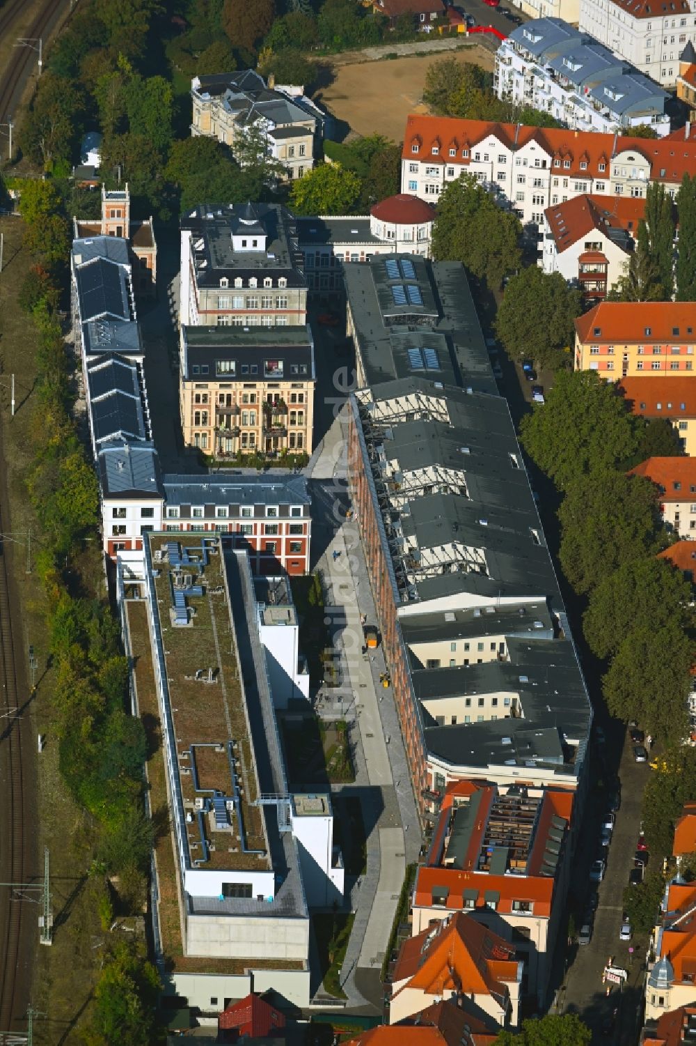 Luftaufnahme Leipzig - Gebäude der Bleichert Werke im Ortsteil Gohlis in Leipzig im Bundesland Sachsen, Deutschland