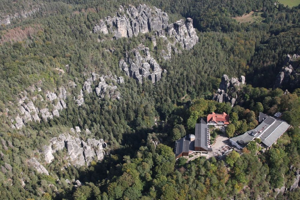 Luftaufnahme Rathen - Gebäude des Panorama Restaurant Bastei in Rathen im Bundesland Sachsen, Deutschland