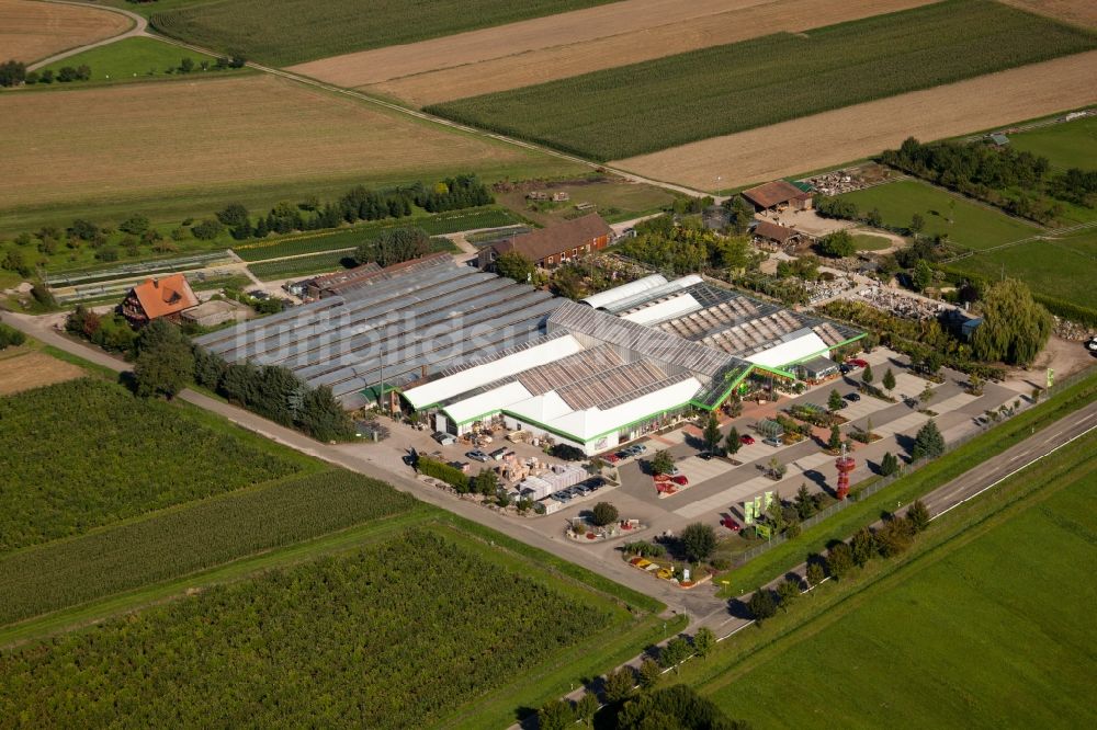 Luftaufnahme Achern - Gebäude des Pflanzenmarkt Blumen Decker GmbH im Ortsteil Großweier in Achern im Bundesland Baden-Württemberg