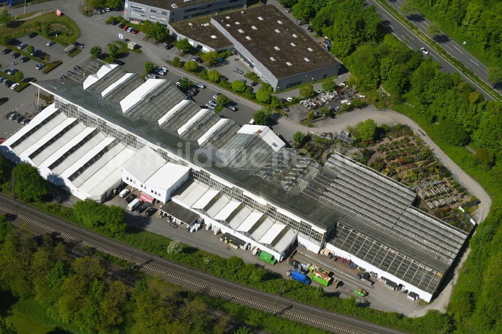 Luftbild Bielefeld - Gebäude des Pflanzenmarkt Gartencenter Mühlenweg im Ortsteil Brackwede in Bielefeld im Bundesland Nordrhein-Westfalen, Deutschland