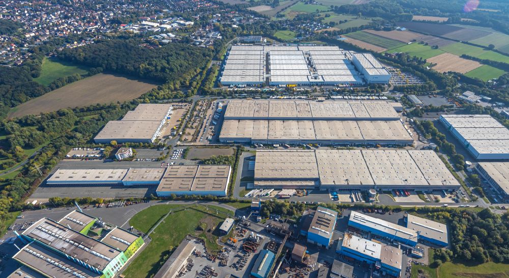 Luftaufnahme Unna - Gebäudekomplex und Logistikzentrum auf dem Gelände der DHL Solutions GmbH in Unna im Bundesland Nordrhein-Westfalen, Deutschland
