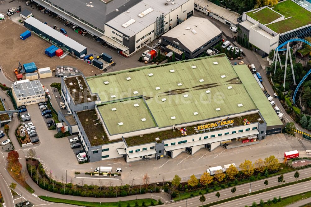 Luftbild Rust - Gebäudekomplex und Logistikzentrum auf dem Gelände des Europa-Park in Rust im Bundesland Baden-Württemberg, Deutschland