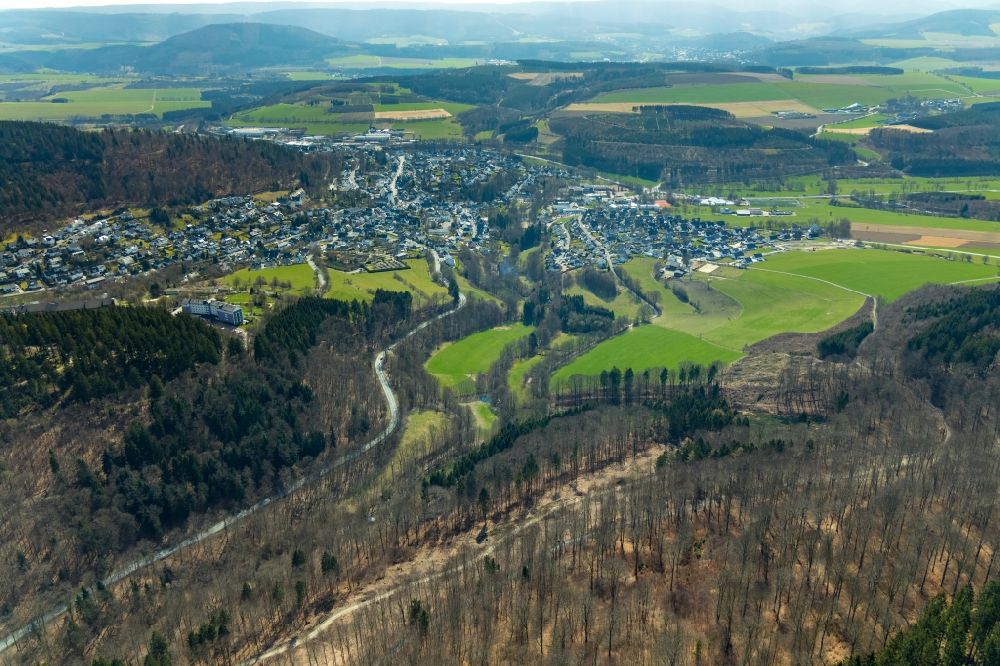 Luftaufnahme Schmallenberg - Gefällte Baumstämme an einem Waldgrundstück in Vorbereitung einer zur Ortsumgehung in Schmallenberg im Bundesland Nordrhein-Westfalen, Deutschland