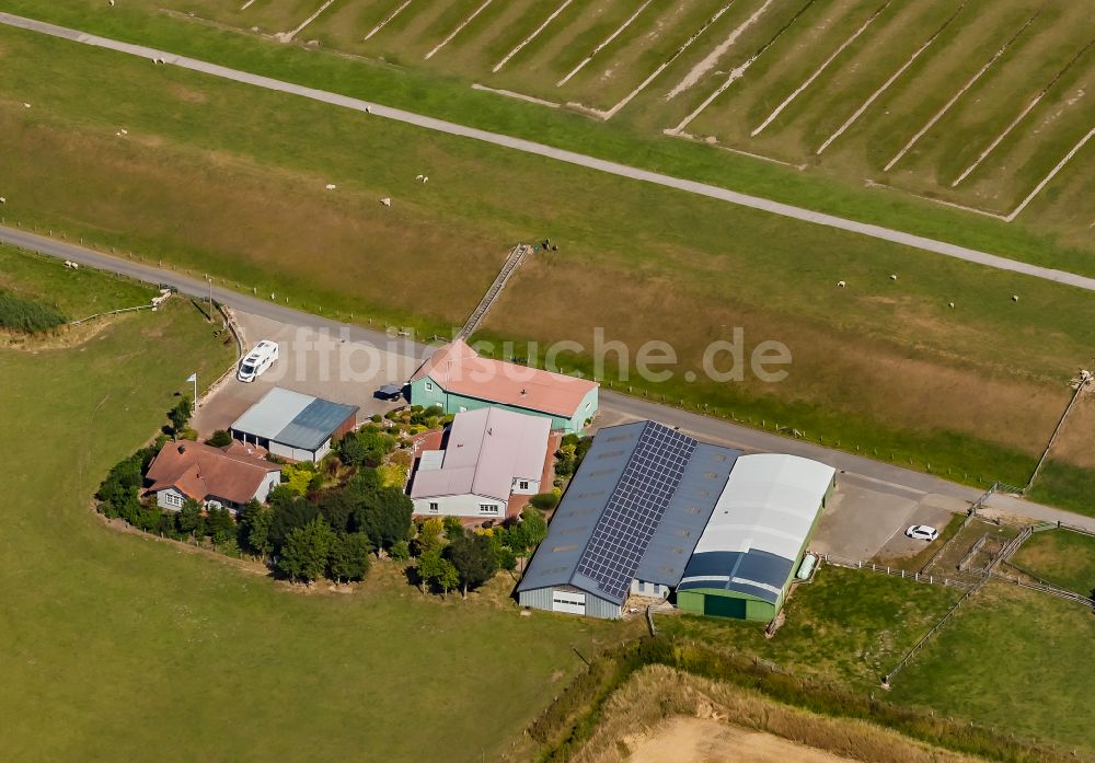 Nordstrand aus der Vogelperspektive: Gehöft und Bauernhof mit Hofladen in Nordstrand im Bundesland Schleswig-Holstein, Deutschland