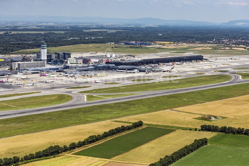 Luftaufnahme Schwechat - Gelände des Flughafen Wien (Vienna International Airport) in Schwechat in Niederösterreich, Österreich
