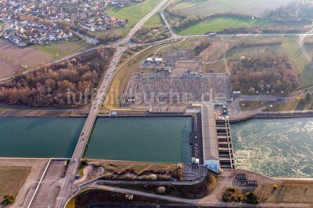 Luftbild Vogelgrun - Gelände des Umspannwerkes der Electricité De France E.D.F am Rheinseitenkanal gegenüber von Breisach in Vogelgrun in Grand Est, Frankreich