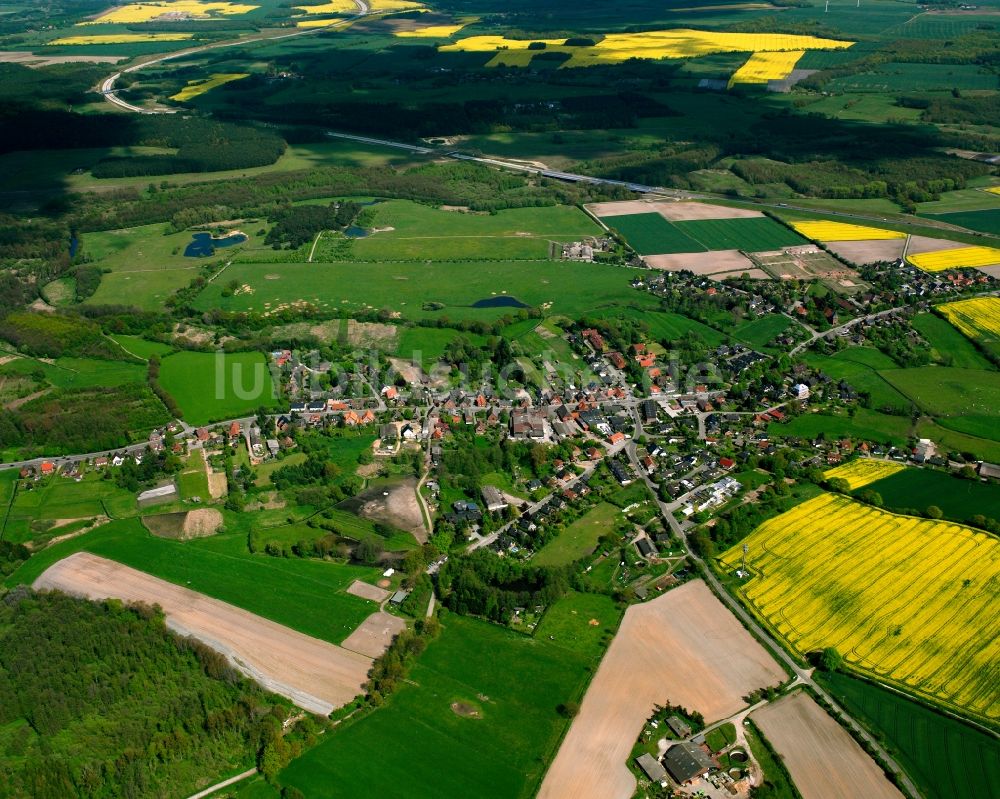 Luftaufnahme St. Jürgen - Gelb - grün Kontrast blühender Raps- Blüten in St. Jürgen im Bundesland Schleswig-Holstein, Deutschland