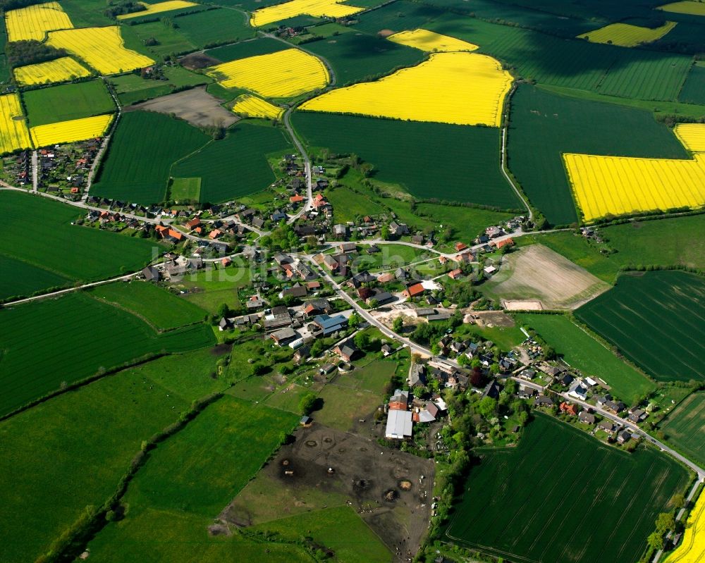 Luftaufnahme Klinkrade - Gelb - grün Kontrast blühender Raps- Blüten in Klinkrade im Bundesland Schleswig-Holstein, Deutschland