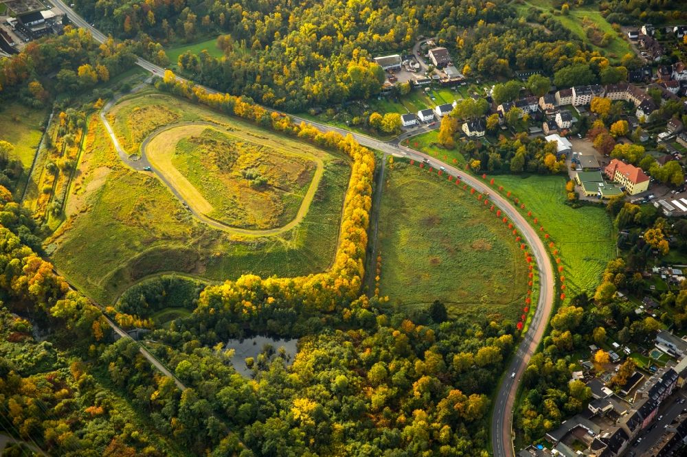 Herne von oben - Gelände der ehemaligen Bergbau- Halde Naturschutzgebiet Günnigfeld an Blücherstraße als Allee mit Laubbäumen mit rotem Herbstlaub an der Erzbahntrasse in Herne im Bundesland Nordrhein-Westfalen