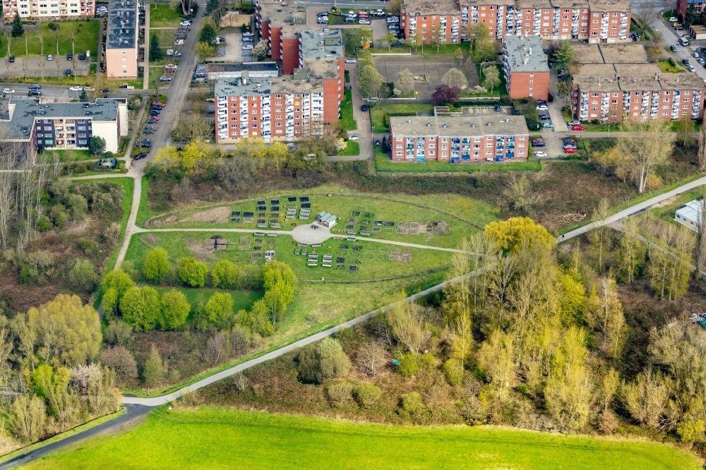 Luftbild Hamm - Gemeinschafts- Gartenanlage in einer Mehrfamilienhaus- Siedlung im Ortsteil Heessen in Hamm im Bundesland Nordrhein-Westfalen, Deutschland