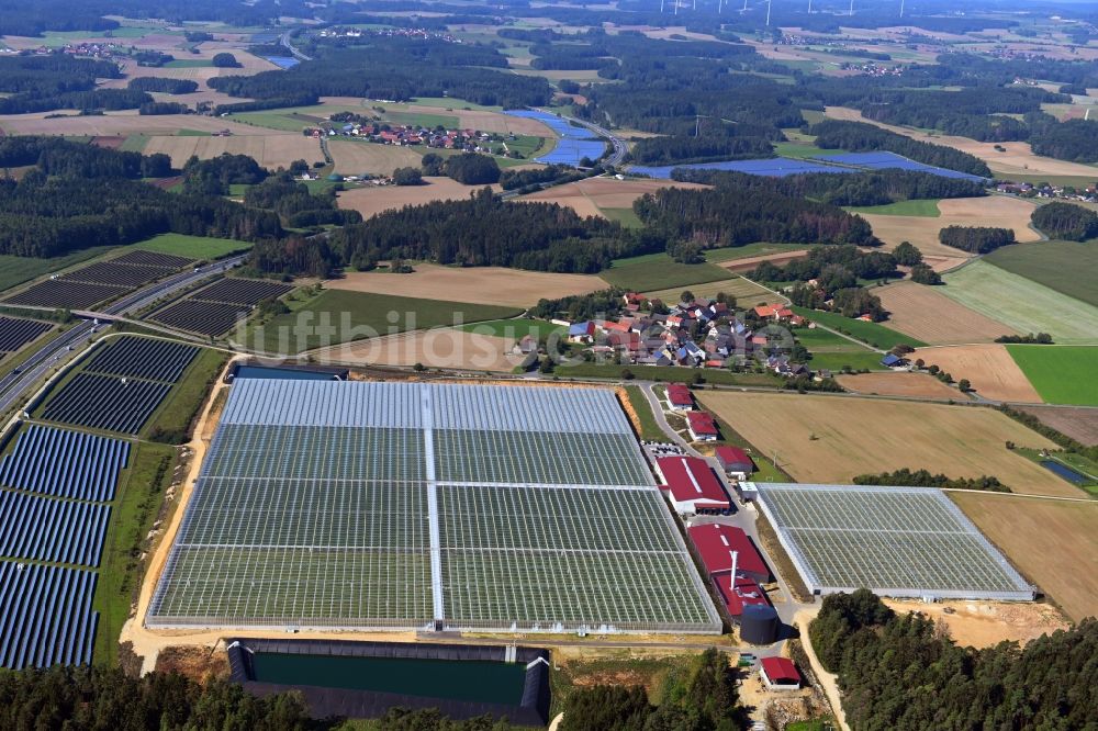 Feulersdorf aus der Vogelperspektive: Gewächshaus- Reihen der Gemüsebau Scherzer & Boss Fruchtgemüse GmbH in Feulersdorf im Bundesland Bayern, Deutschland