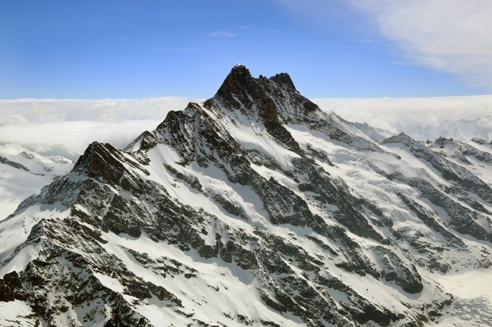 Grindelwald aus der Vogelperspektive: Gipfel, Felsen- und Berglandschaft vom Schreckhorn bei Grindelwald in den Berner Alpen, Schweiz